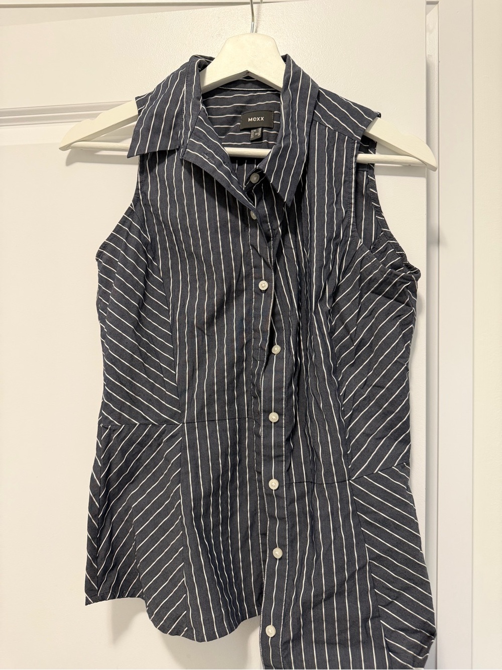 Mexx Navy and White Vertical Stripe Sleeveless Button-Down Shirt